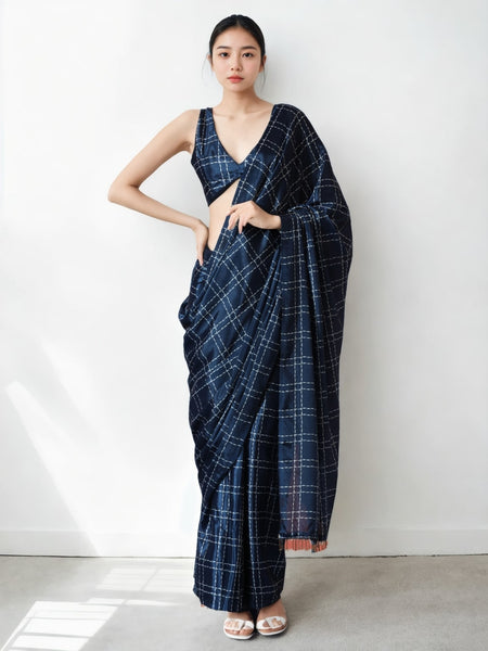 Jyoti Fashion Women's Navy Blue Chinon Digital Printed Ready To Wear Saree with Blouse - Distacart