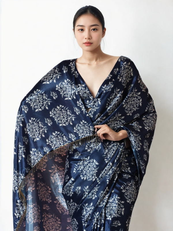 Jyoti Fashion Women's Navy Blue Chinon Digital Printed Ready To Wear Saree with Blouse - Distacart