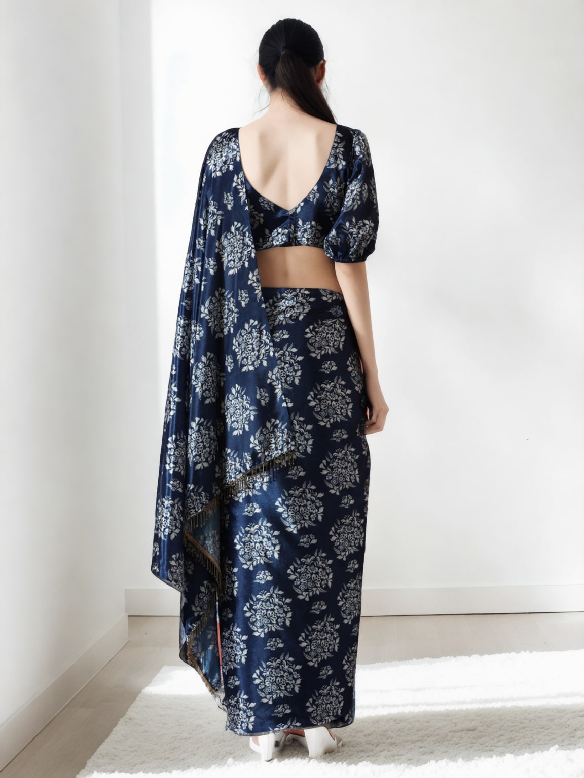 Jyoti Fashion Women's Navy Blue Chinon Digital Printed Ready To Wear Saree with Blouse - Distacart