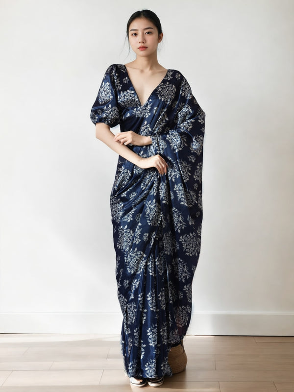 Jyoti Fashion Women's Navy Blue Chinon Digital Printed Ready To Wear Saree with Blouse - Distacart