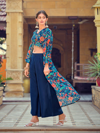 Thumbnail for Jyoti Fashion Women's Teal Silk Print with Hand Work Indo Western Kurta Set