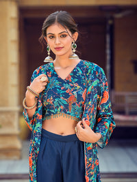 Thumbnail for Jyoti Fashion Women's Teal Silk Print with Hand Work Indo Western Kurta Set