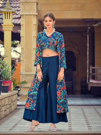 Thumbnail for Jyoti Fashion Women's Teal Silk Print with Hand Work Indo Western Kurta Set