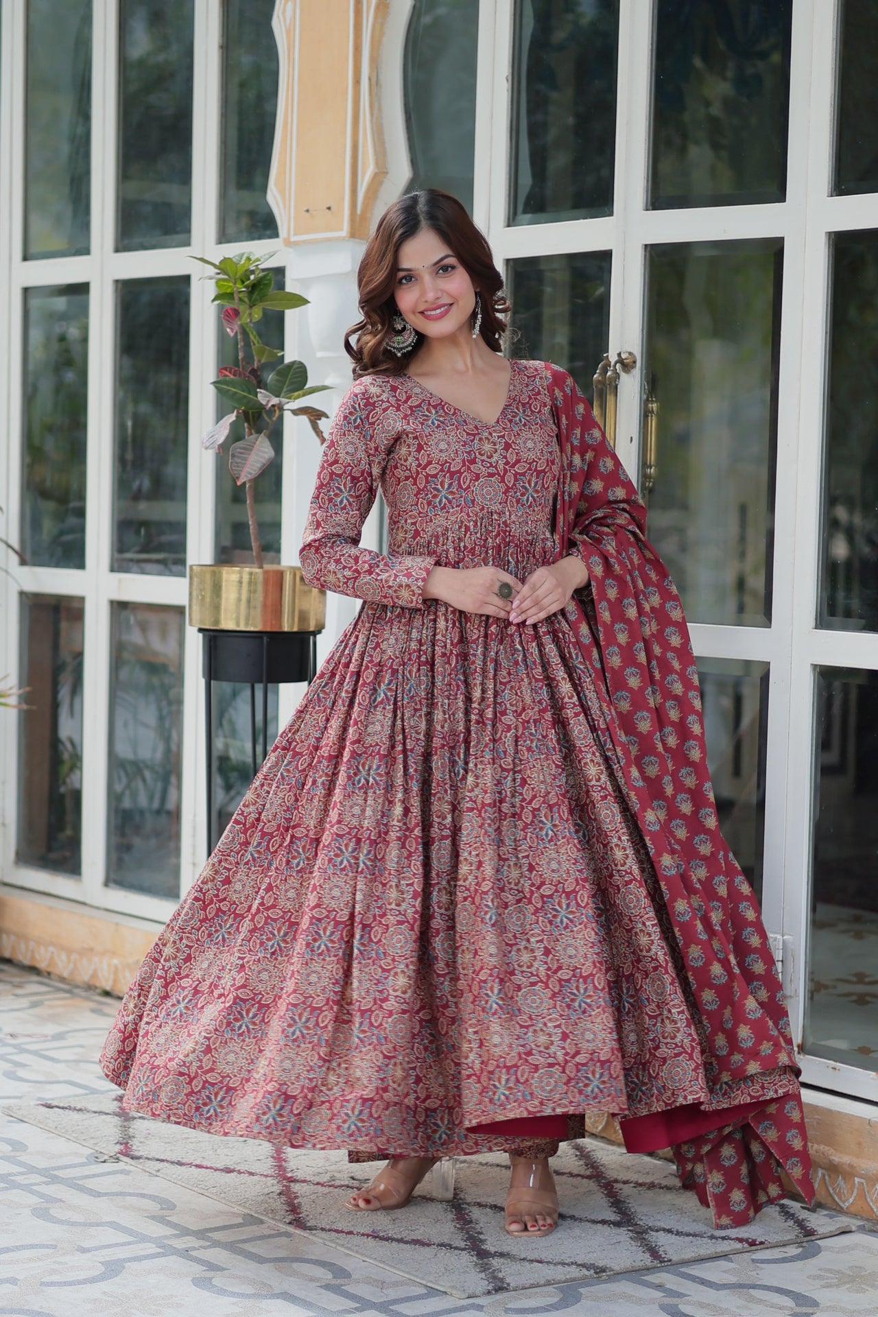 Jyoti Fashion Women's Maroon Cotton Floral Printed Designer Kurta Set