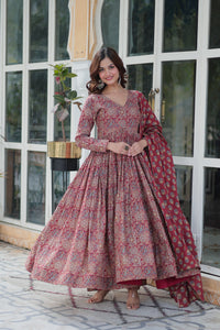 Thumbnail for Jyoti Fashion Women's Maroon Cotton Floral Printed Designer Kurta Set