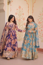 Thumbnail for Jyoti Fashion Women's Sky Blue & Purple Russian Silk Digital Print with Sequins Embroidered Anarkali Combo Set With Dupatta