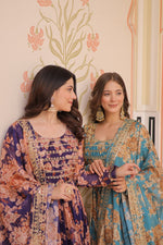 Thumbnail for Jyoti Fashion Women's Sky Blue & Purple Russian Silk Digital Print with Sequins Embroidered Anarkali Combo Set With Dupatta