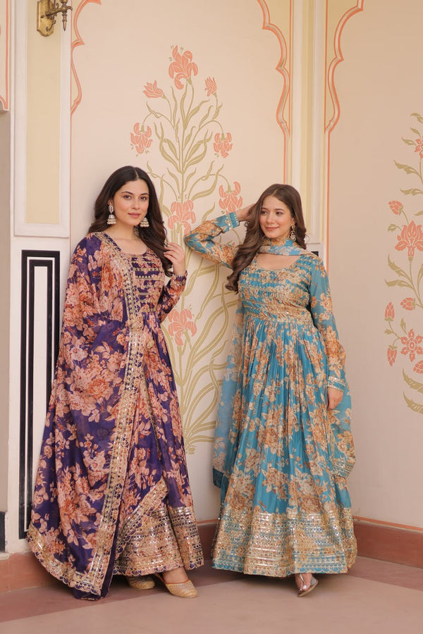 Jyoti Fashion Women's Sky Blue & Purple Russian Silk Digital Print with Sequins Embroidered Anarkali Combo Set With Dupatta