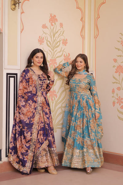 Jyoti Fashion Women's Sky Blue & Purple Russian Silk Digital Print with Sequins Embroidered Anarkali Combo Set With Dupatta