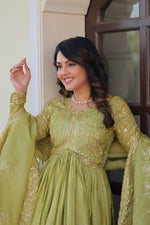 Thumbnail for Jyoti Fashion Women's Mehendi Gold Crush Sequins with Multy Embroidered Anarkali Set With Dupatta