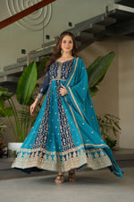 Thumbnail for Jyoti Fashion Women's Blue Faux Blooming Zari & Sequins Embroidered Anarkali Set With Dupatta