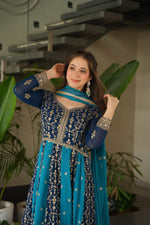 Thumbnail for Jyoti Fashion Women's Blue Faux Blooming Zari & Sequins Embroidered Anarkali Set With Dupatta