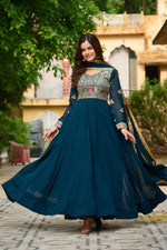 Thumbnail for Jyoti Fashion Women's Teal Faux Blooming Sequins with Thread Embroidered Anarkali Set With Dupatta