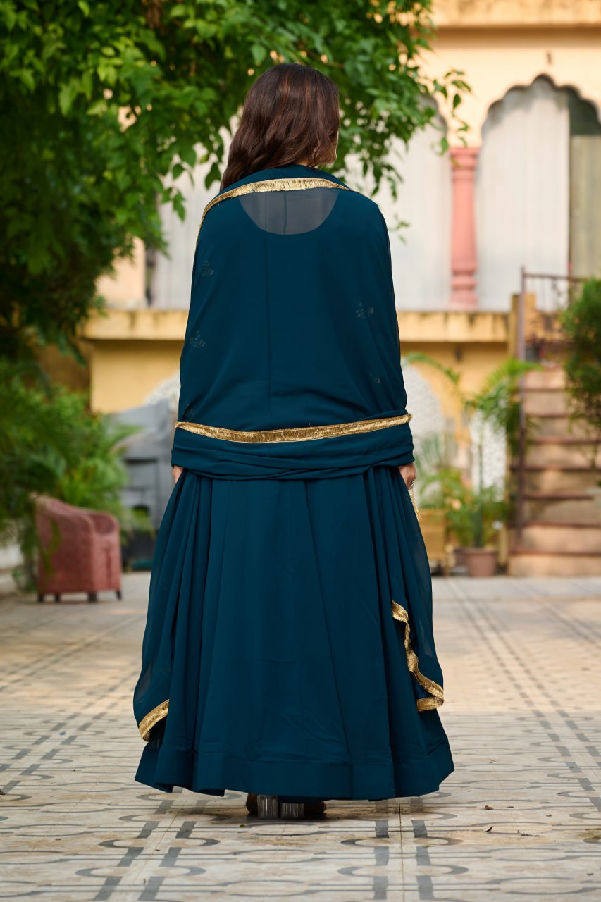 Jyoti Fashion Women's Teal Faux Blooming Sequins with Thread Embroidered Anarkali Set With Dupatta