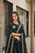 Thumbnail for Jyoti Fashion Women's Teal Faux Blooming Zari & Sequins Embroidered Anarkali Set With Dupatta