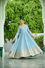 Thumbnail for Jyoti Fashion Women's Sky Blue Faux Georgette Embroidered Designer Anarkali Set With Dupatta