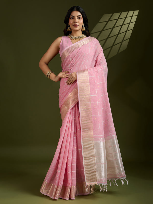 Jyoti Fashion Women's Pink Tissue Linen Silk Zari Woven Designer Saree with Blouse