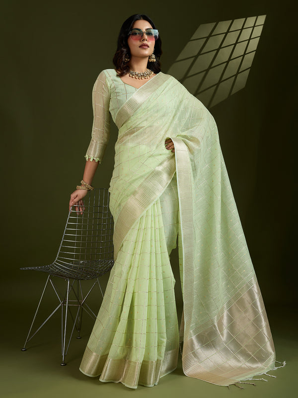 Jyoti Fashion Women's Sea Green Tissue Linen Silk Zari Woven Designer Saree with Blouse