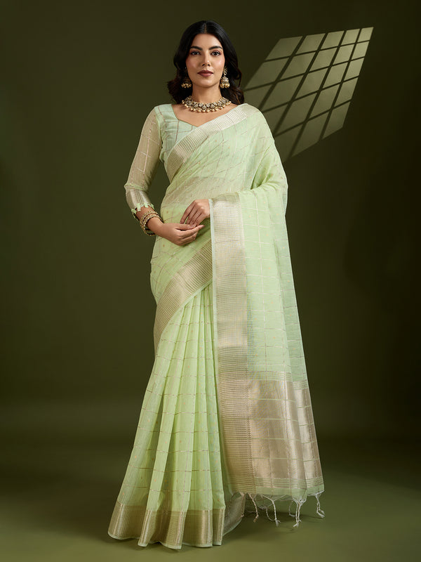 Jyoti Fashion Women's Sea Green Tissue Linen Silk Zari Woven Designer Saree with Blouse