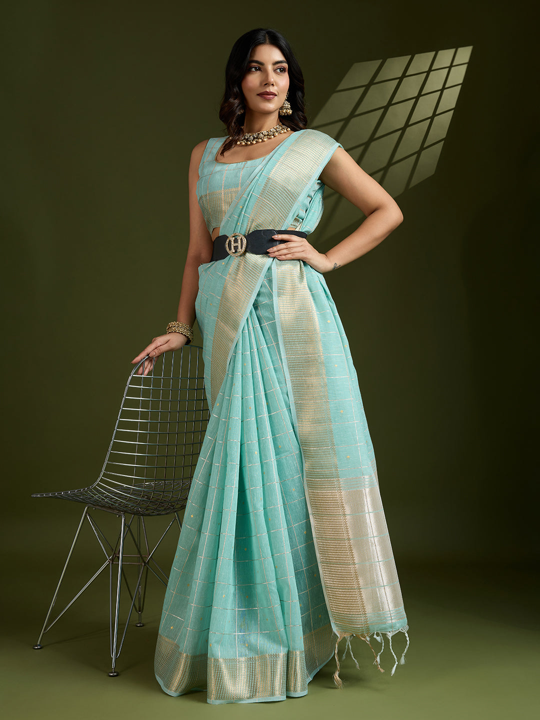 Jyoti Fashion Women's Sky Blue Tissue Linen Silk Zari Woven Designer Saree with Blouse