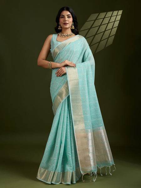 Jyoti Fashion Women's Sky Blue Tissue Linen Silk Zari Woven Designer Saree with Blouse