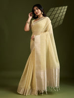 Thumbnail for Jyoti Fashion Women's Light Yellow Tissue Linen Silk Zari Woven Designer Saree with Blouse