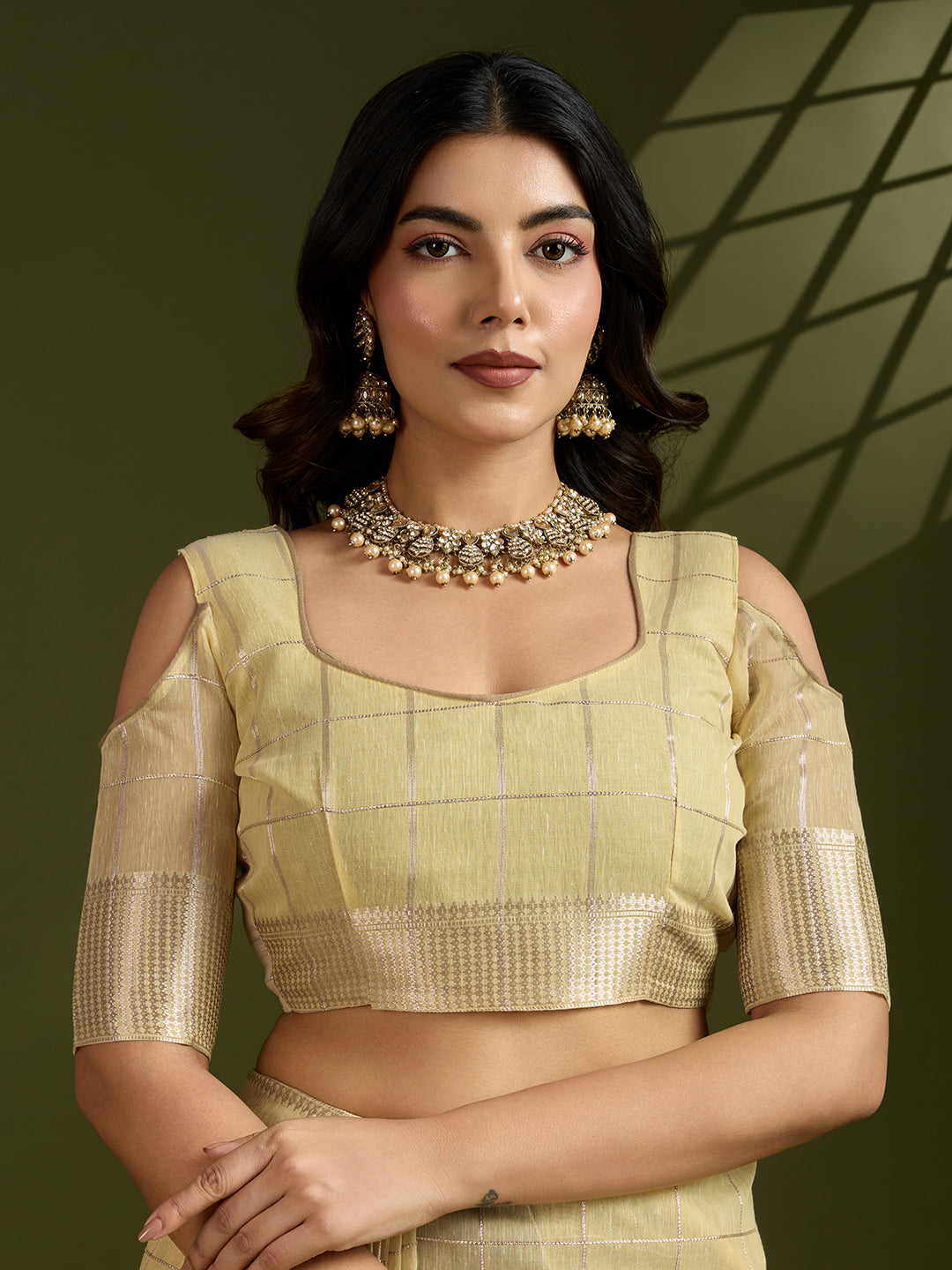 Jyoti Fashion Women's Light Yellow Tissue Linen Silk Zari Woven Designer Saree with Blouse