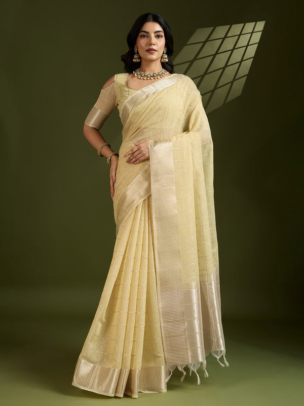 Jyoti Fashion Women's Light Yellow Tissue Linen Silk Zari Woven Designer Saree with Blouse