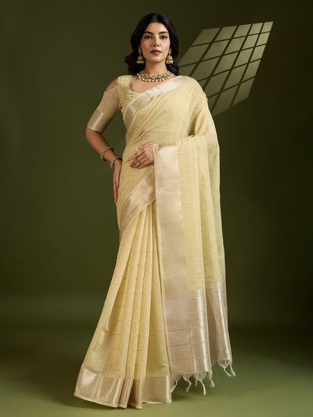 Jyoti Fashion Women's Light Yellow Tissue Linen Silk Zari Woven Designer Saree with Blouse