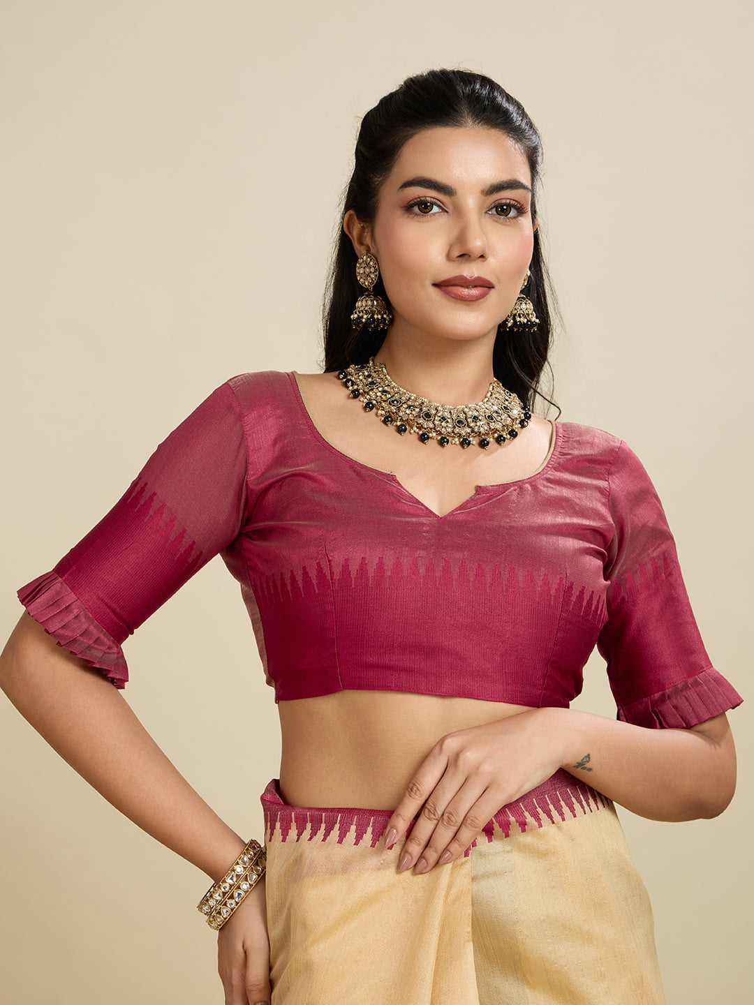 Jyoti Fashion Women's Cream Khadi Raw Silk Temple Woven Border Designer Saree with Blouse