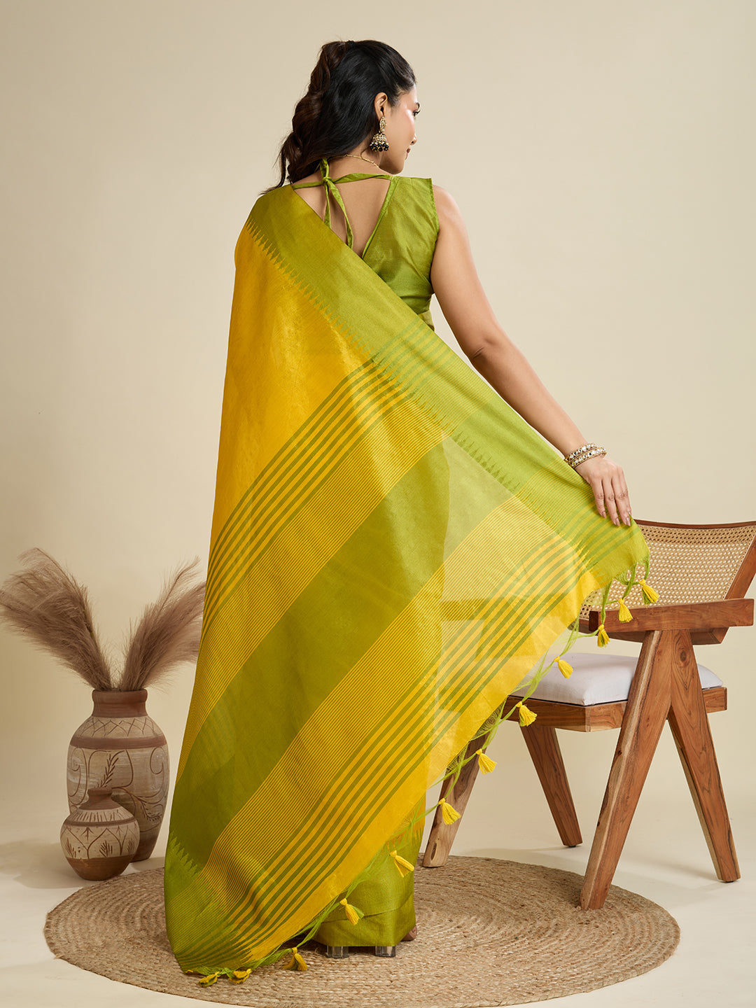 Jyoti Fashion Women's Yellow Khadi Raw Silk Temple Woven Border Designer Saree with Blouse