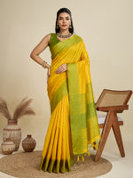 Thumbnail for Jyoti Fashion Women's Yellow Khadi Raw Silk Temple Woven Border Designer Saree with Blouse