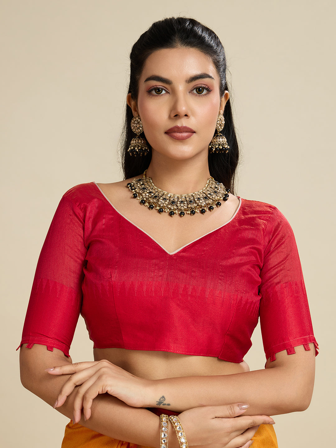 Jyoti Fashion Women's Mustard Khadi Raw Silk Temple Woven Border Designer Saree with Blouse