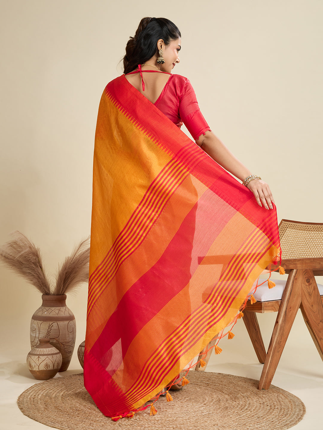 Jyoti Fashion Women's Mustard Khadi Raw Silk Temple Woven Border Designer Saree with Blouse