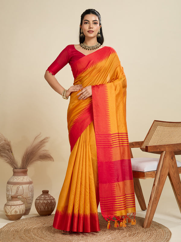 Jyoti Fashion Women's Mustard Khadi Raw Silk Temple Woven Border Designer Saree with Blouse