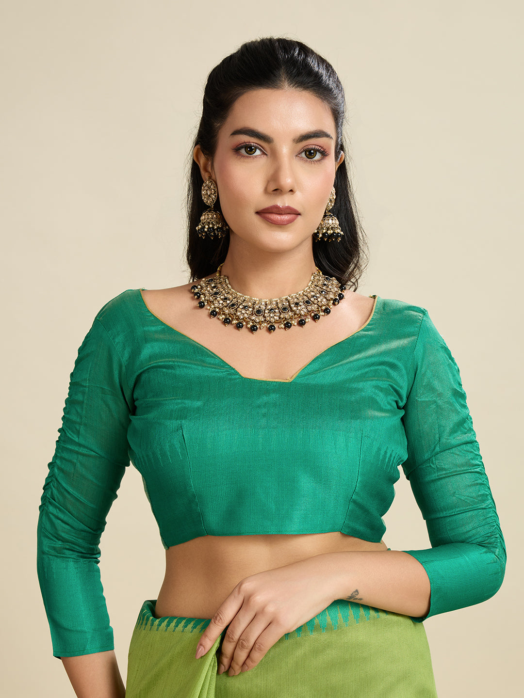 Jyoti Fashion Women's Mehendi Khadi Raw Silk Temple Woven Border Designer Saree with Blouse