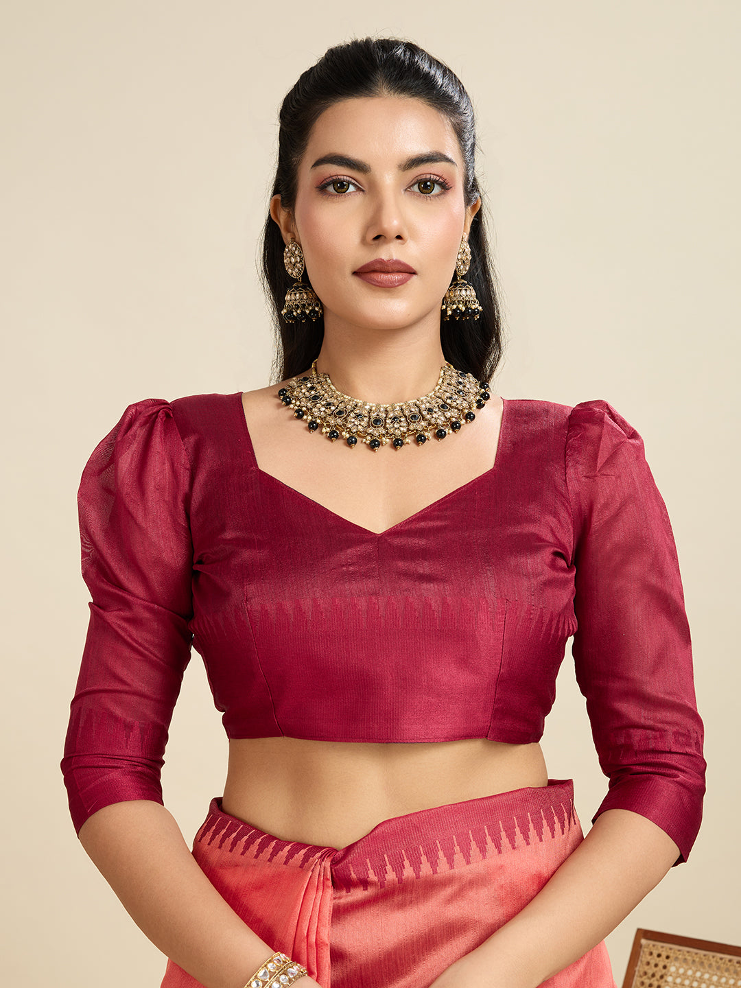 Jyoti Fashion Women's Peach Khadi Raw Silk Temple Woven Border Designer Saree with Blouse