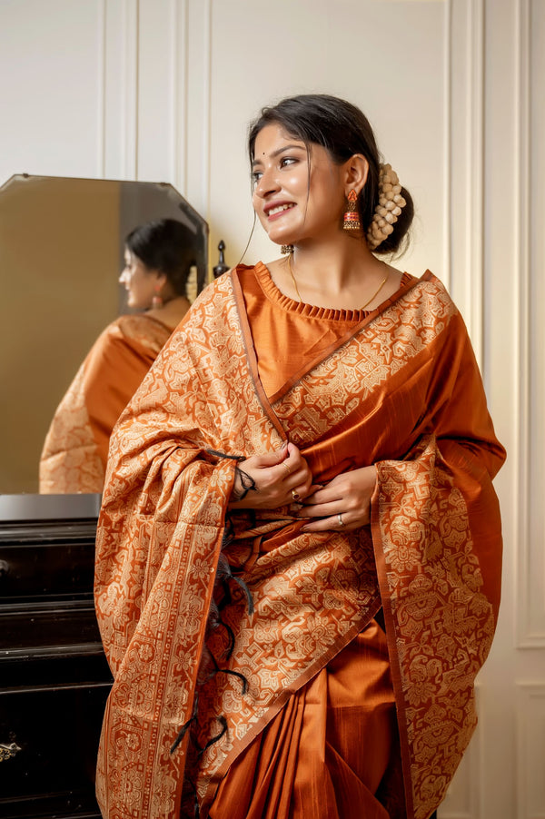 Jyoti Fashion Women's Orange Handloom Raw Silk Weaving Designer Saree with Blouse