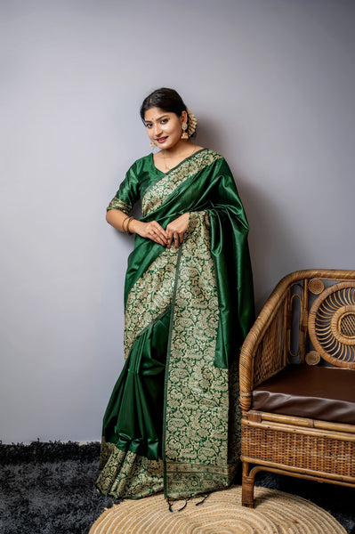 Jyoti Fashion Women's Bottle Green Handloom Raw Silk Weaving Designer Saree with Blouse