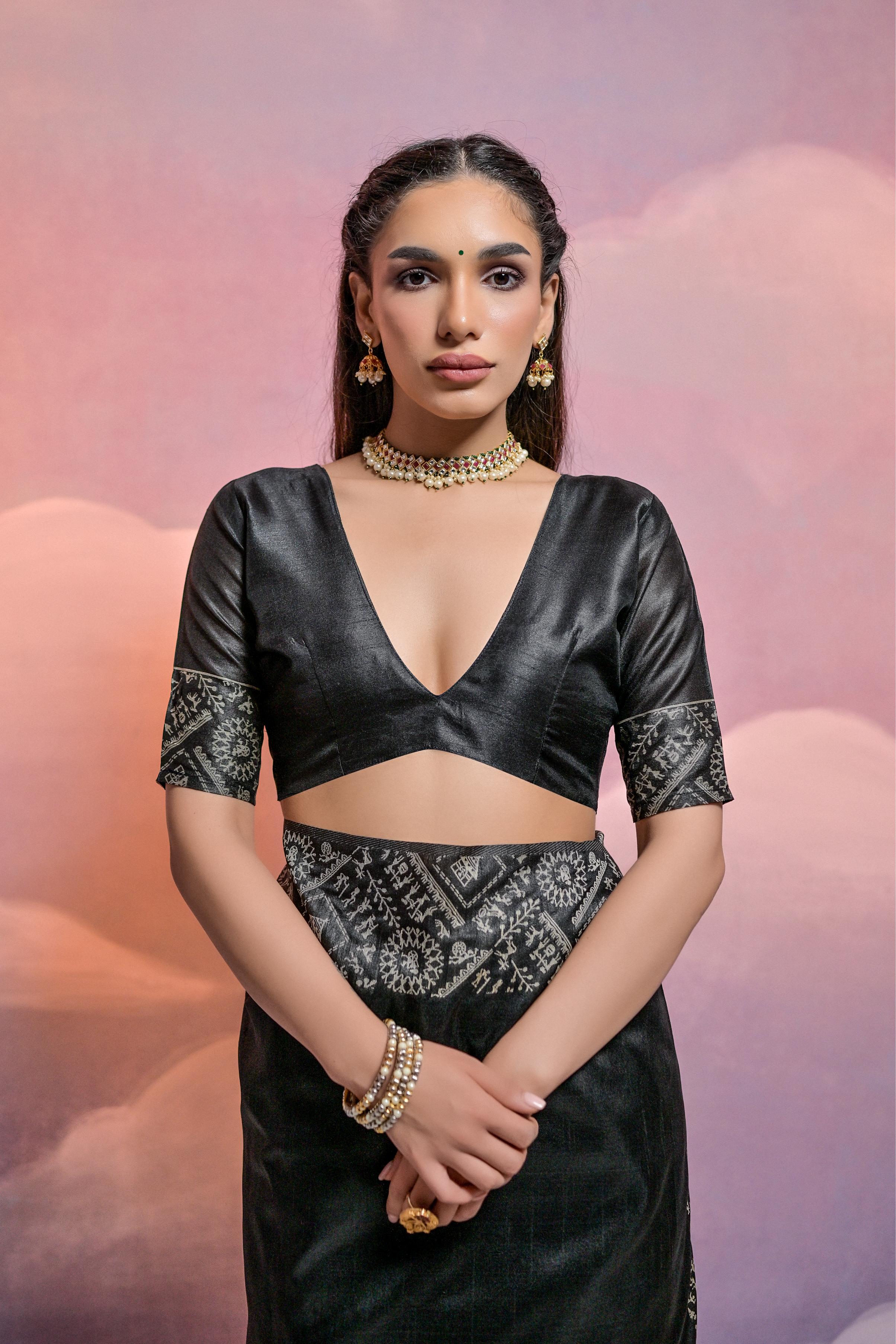 Jyoti Fashion Women's Black Handloom Raw Silk Weaving Designer Saree with Blouse