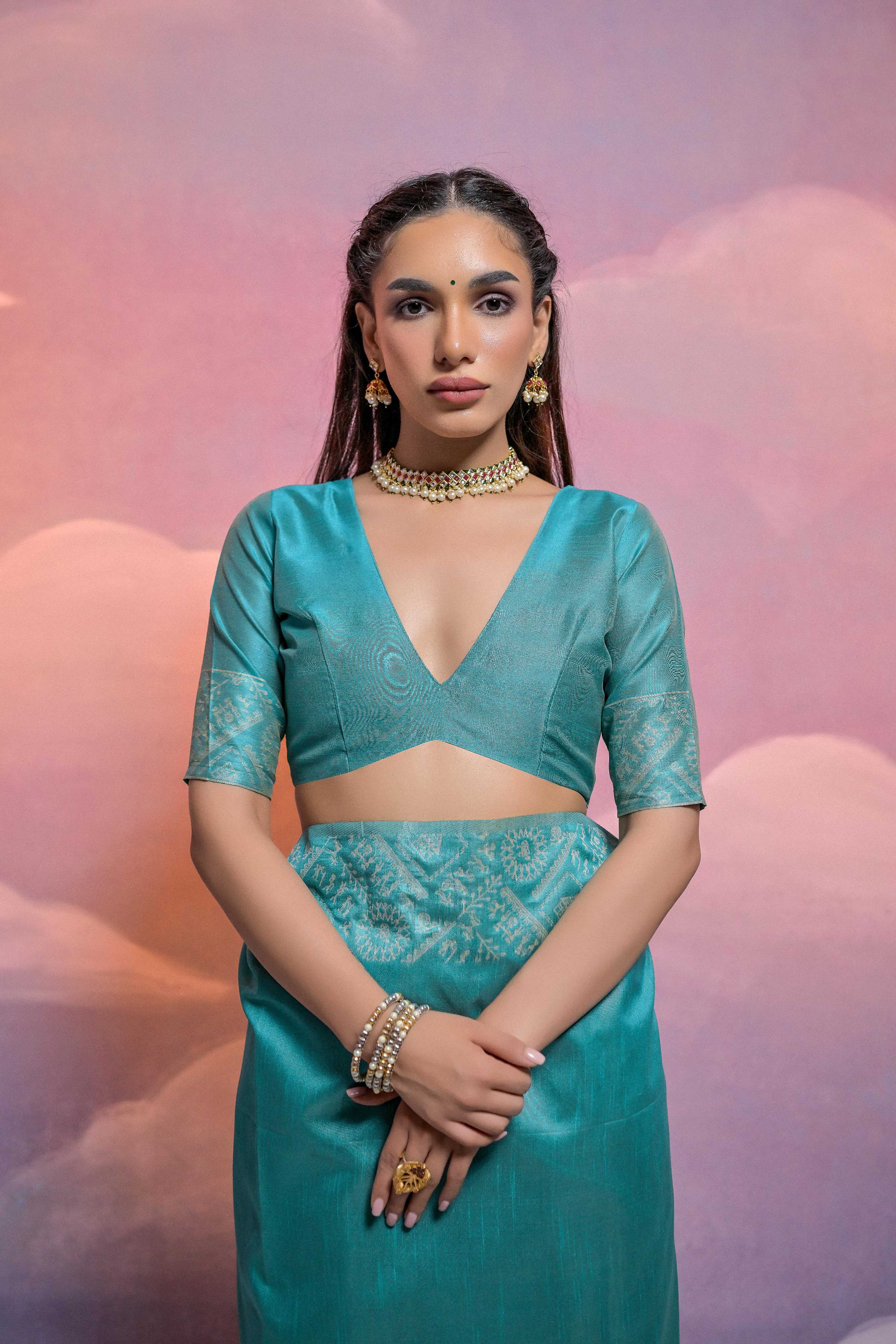 Jyoti Fashion Women's Firozi Handloom Raw Silk Weaving Designer Saree with Blouse