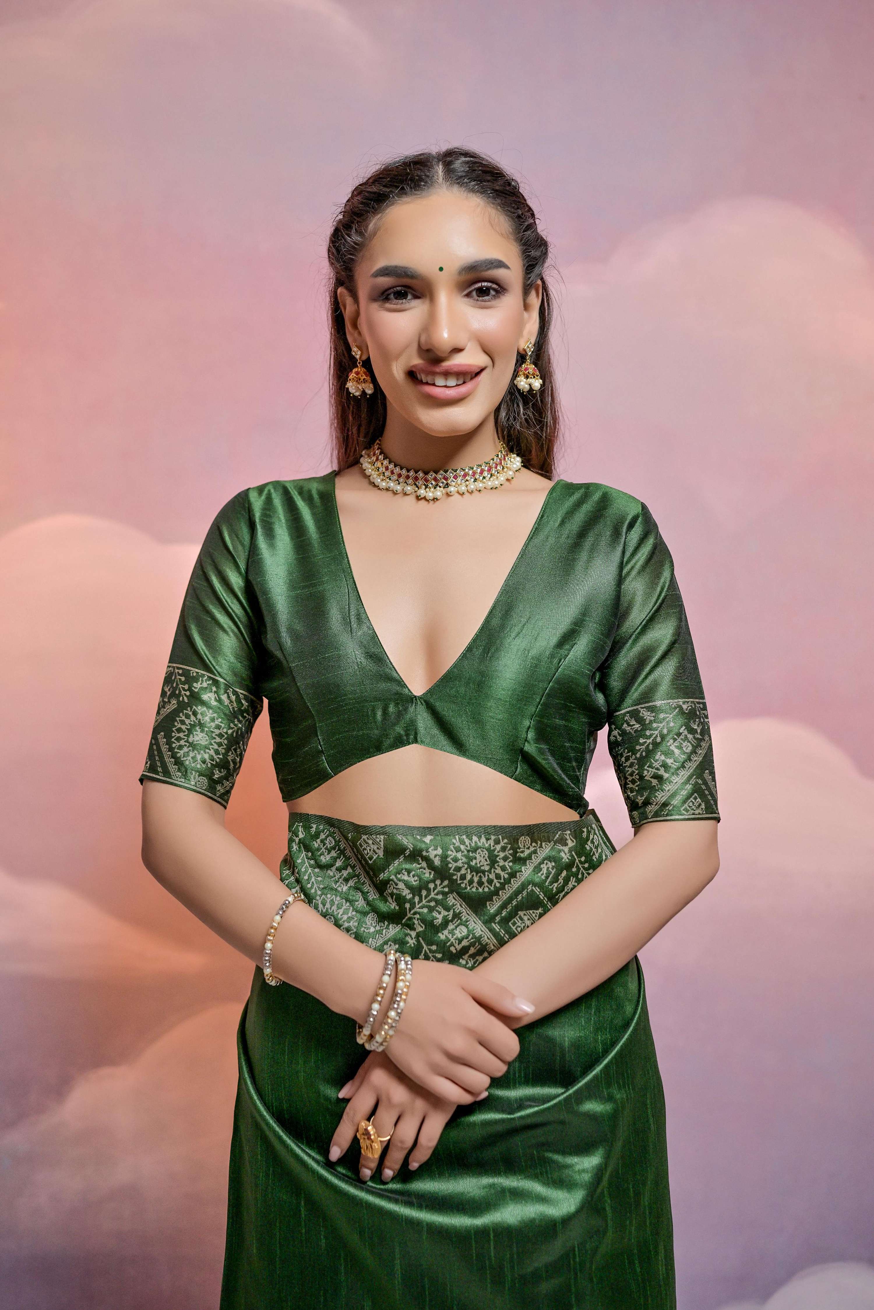 Jyoti Fashion Women's Bottle Green Handloom Raw Silk Weaving Designer Saree with Blouse