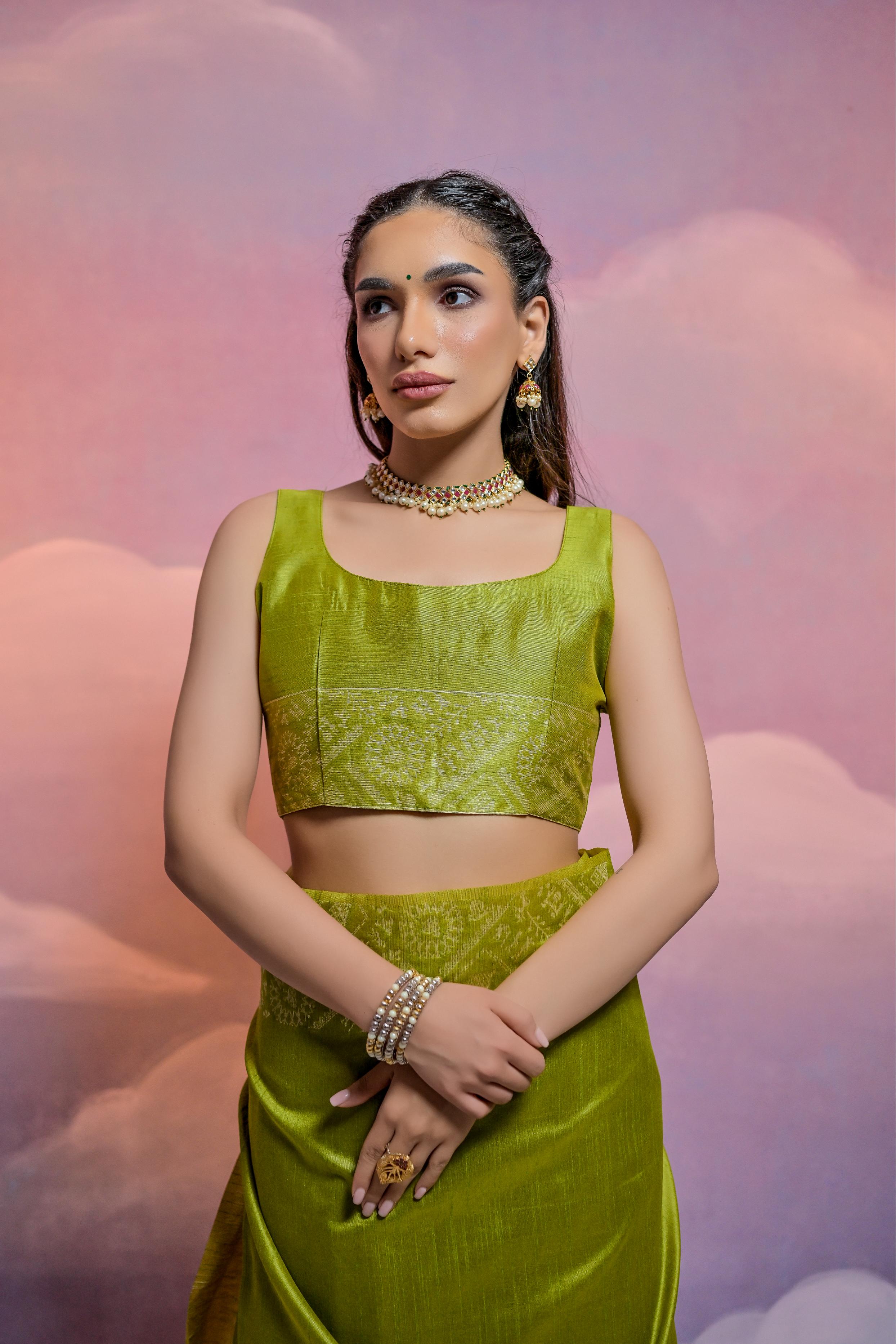 Jyoti Fashion Women's Mehendi Handloom Raw Silk Weaving Designer Saree with Blouse