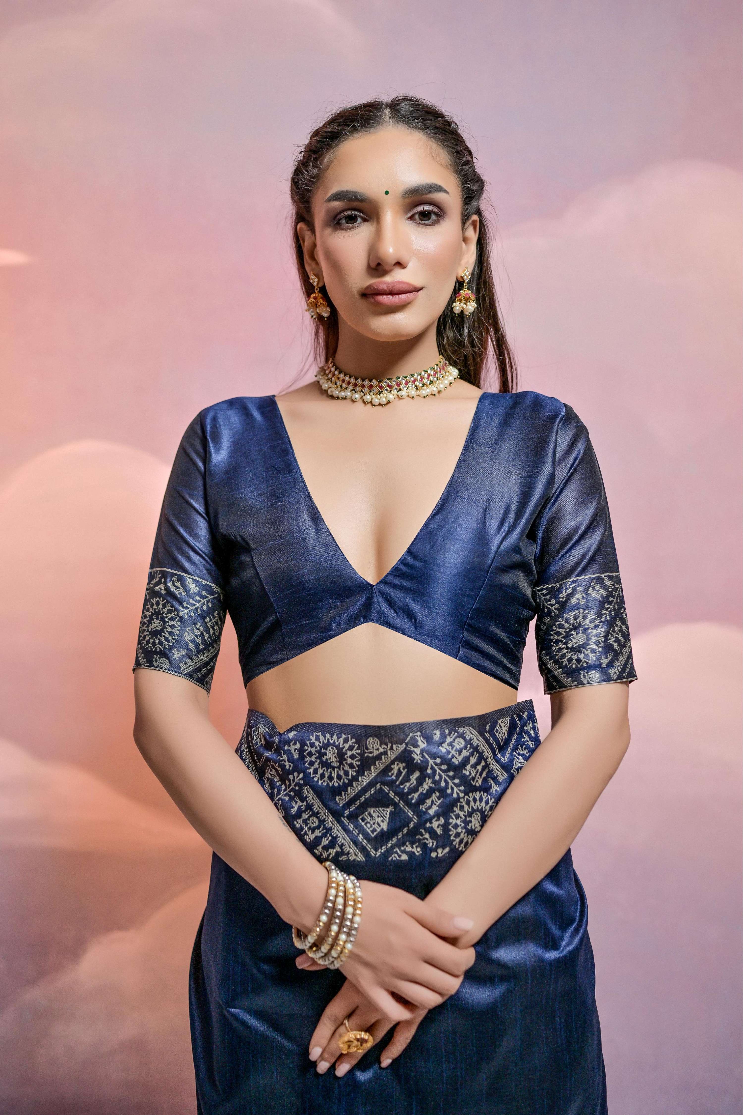 Jyoti Fashion Women's Navy Blue Handloom Raw Silk Weaving Designer Saree with Blouse