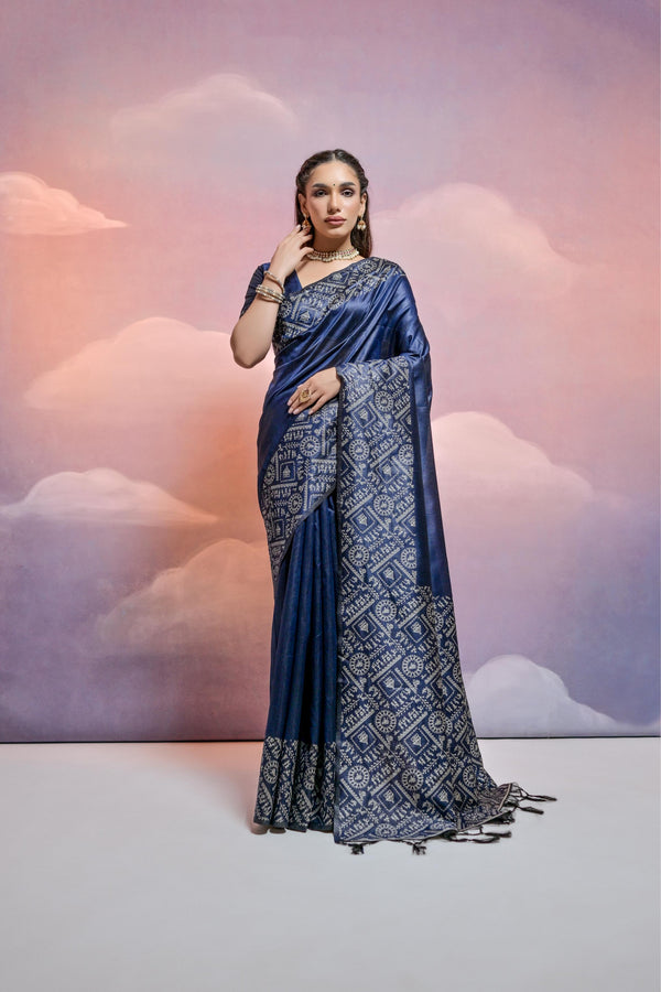 Jyoti Fashion Women's Navy Blue Handloom Raw Silk Weaving Designer Saree with Blouse