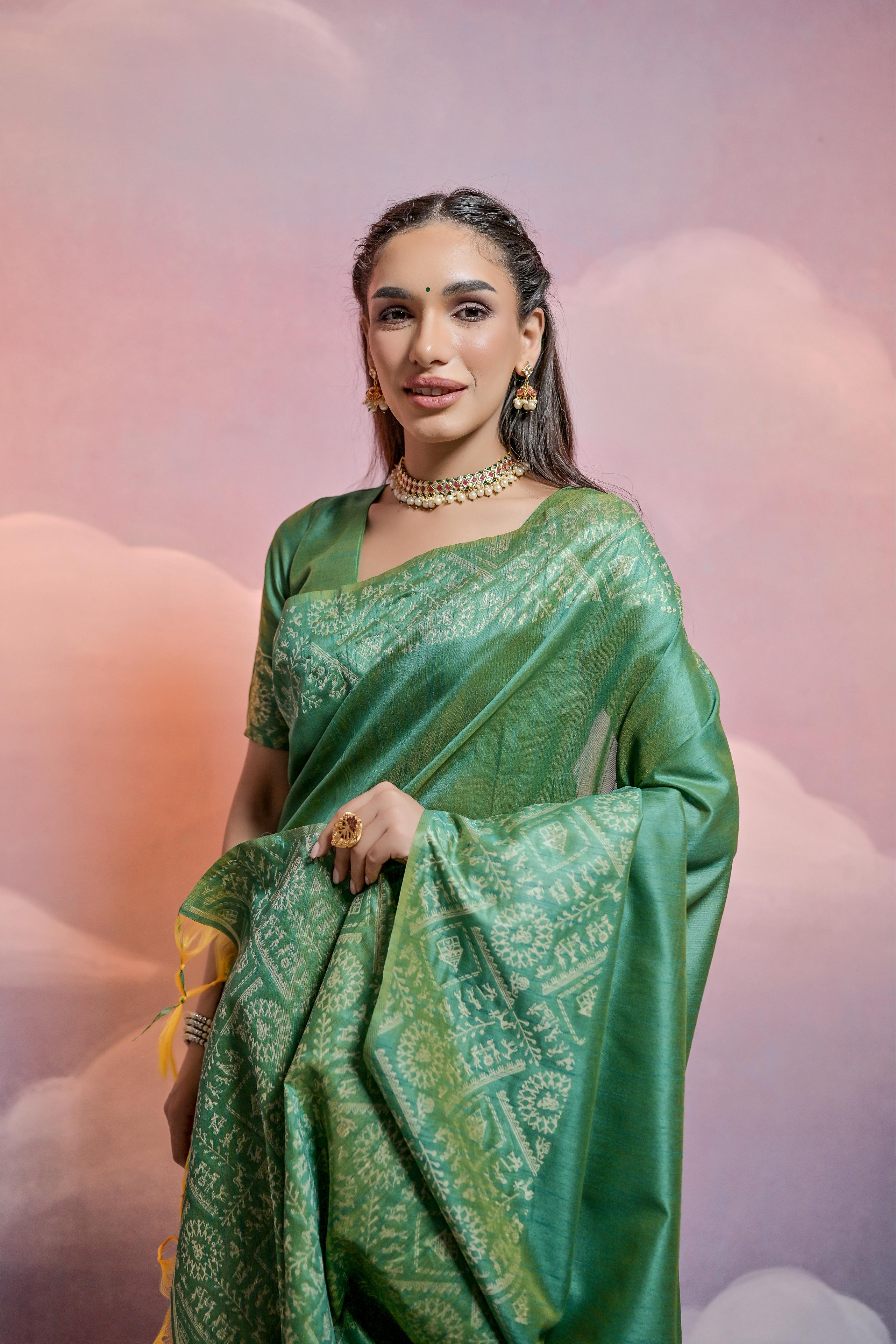 Jyoti Fashion Women's Green Handloom Raw Silk Weaving Designer Saree with Blouse