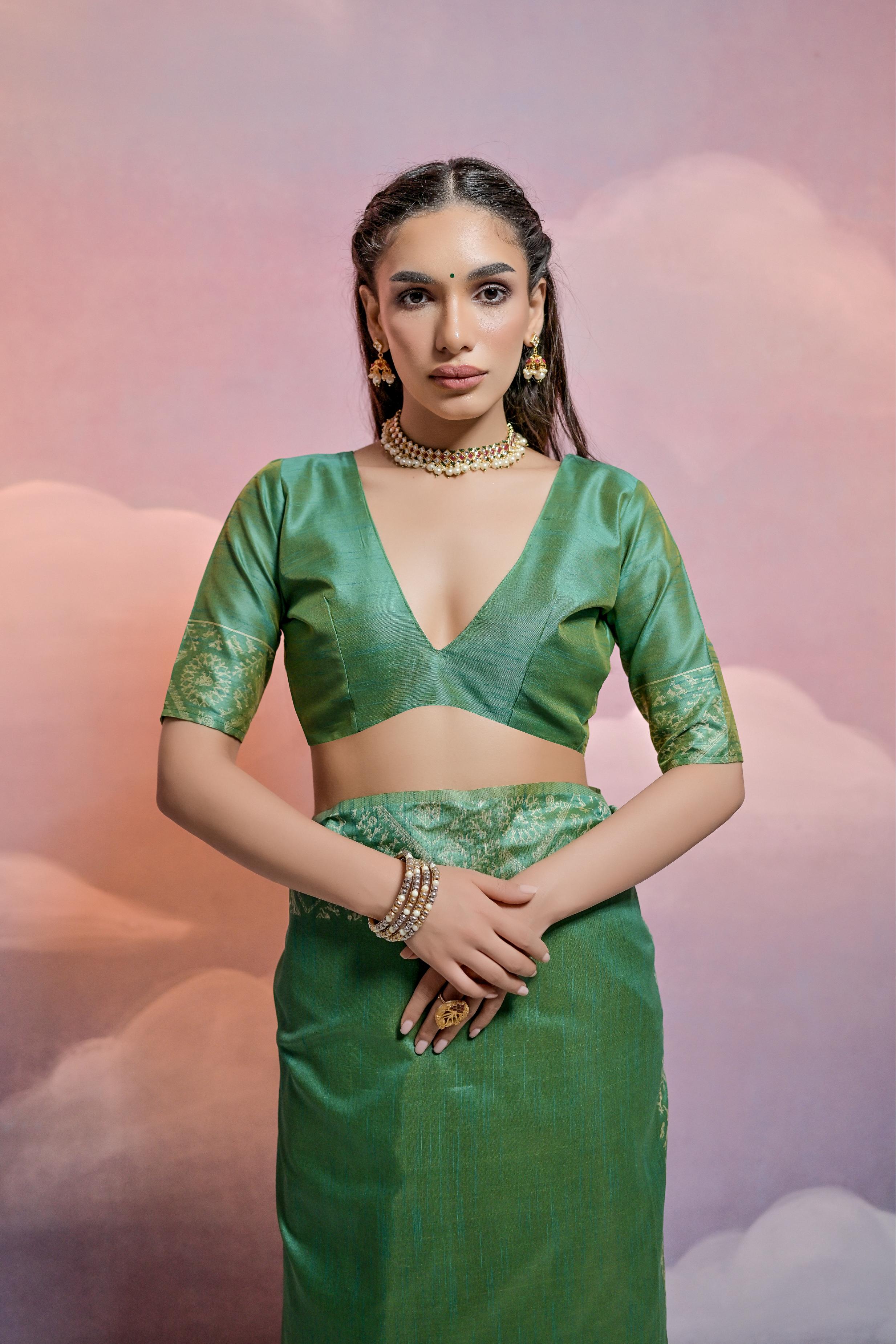 Jyoti Fashion Women's Green Handloom Raw Silk Weaving Designer Saree with Blouse