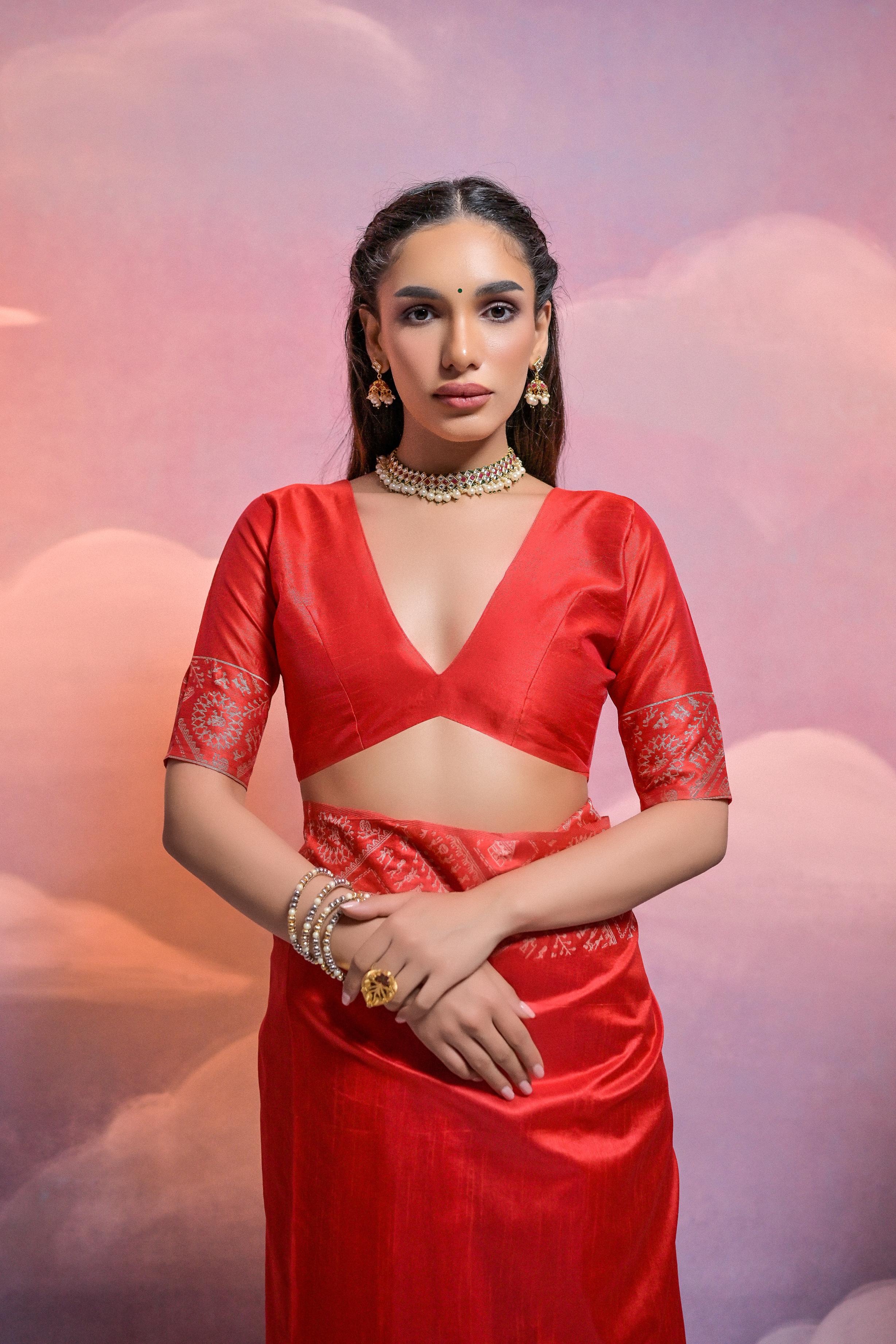 Jyoti Fashion Women's Red Handloom Raw Silk Weaving Designer Saree with Blouse