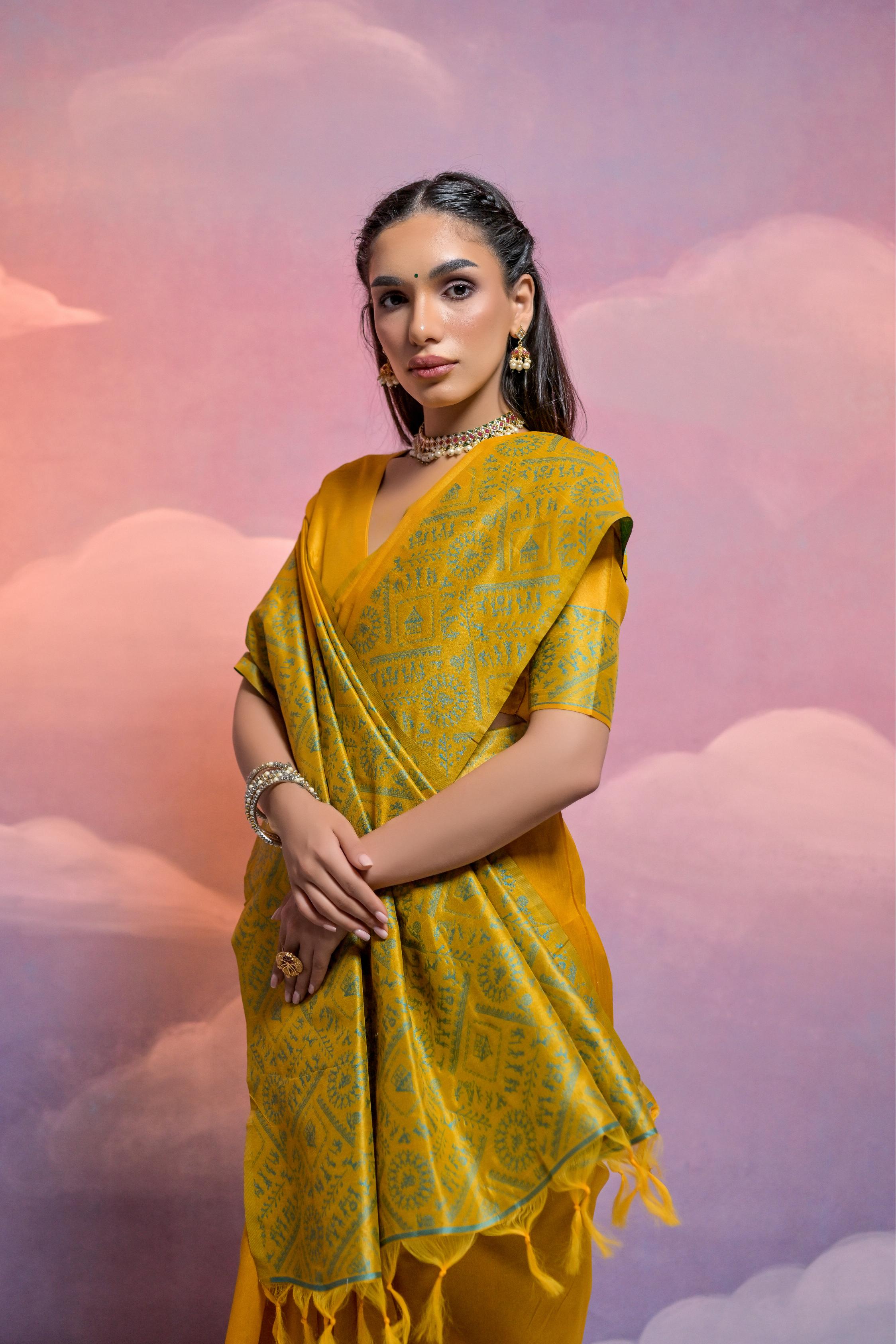 Jyoti Fashion Women's Yellow Handloom Raw Silk Weaving Designer Saree with Blouse