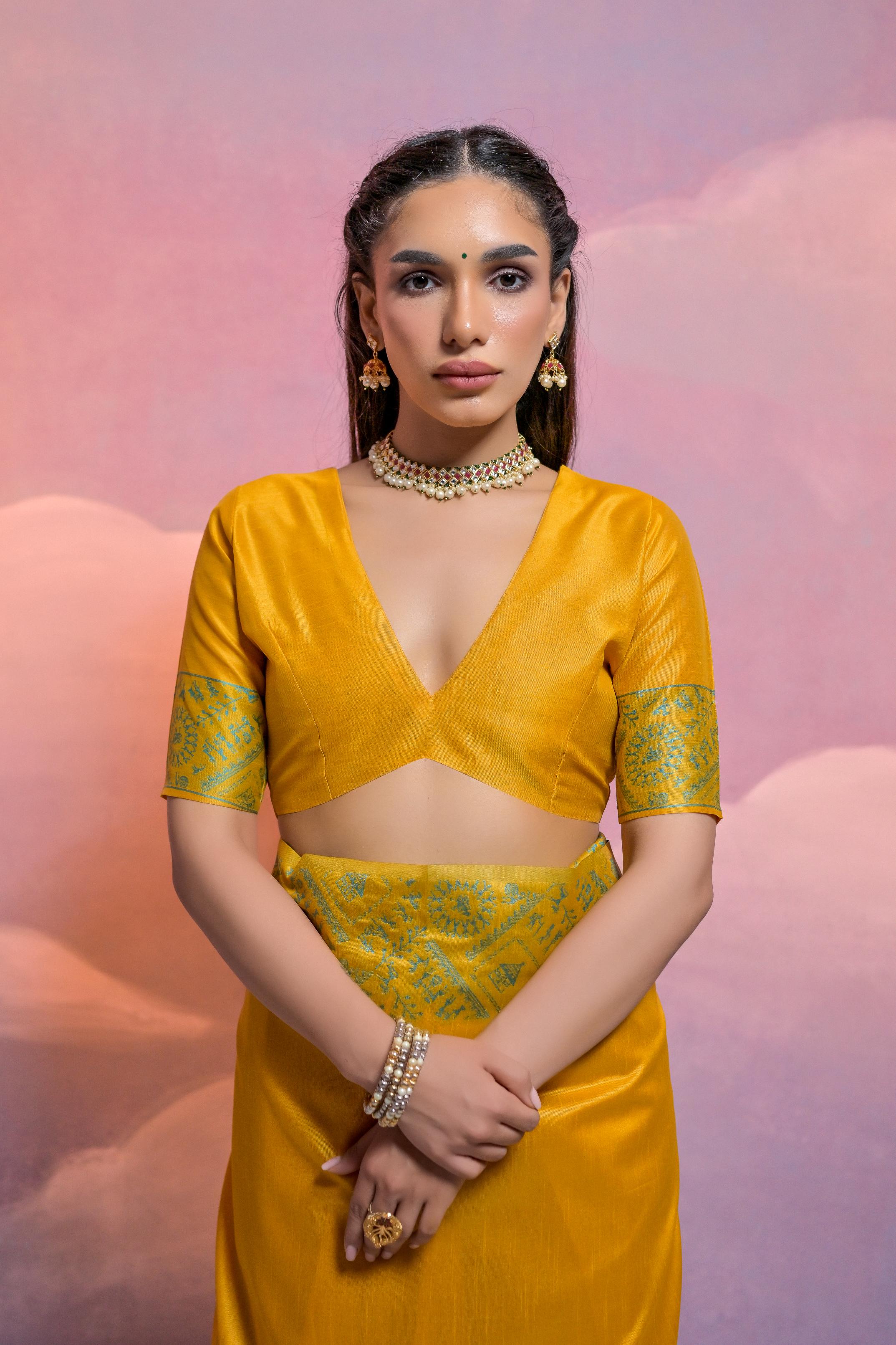 Jyoti Fashion Women's Yellow Handloom Raw Silk Weaving Designer Saree with Blouse